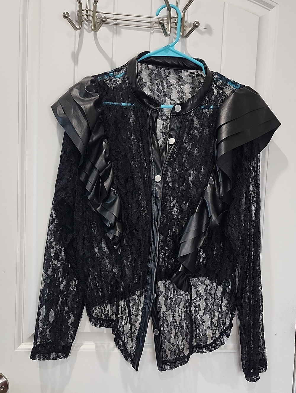 SHEIN Black Sheer Lace Ruffle Jacket with Faux Leather Trim - 2XL